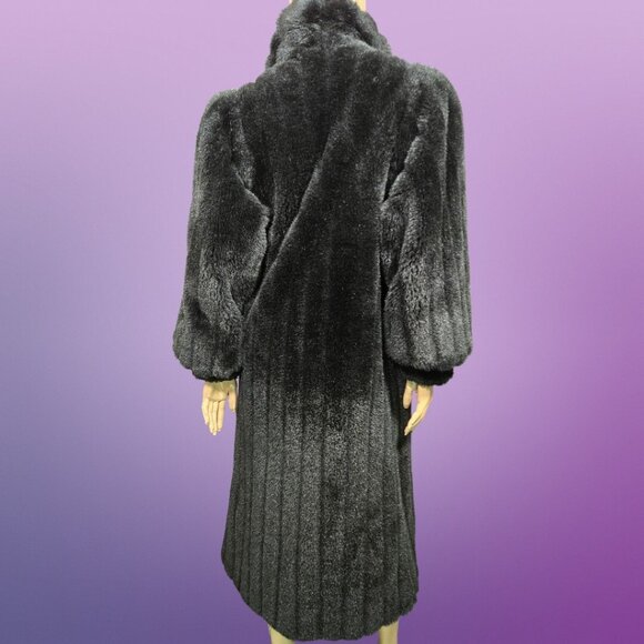 Vintage 80s Black Full Length Faux Fur Coat Size M Jacket Glam Mob Wife - Picture 8 of 11